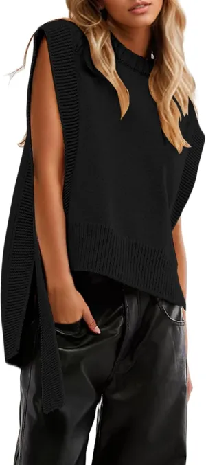 MISSACTIVER Women Oversized Round Neck Sleeveless Sweater Vest Knit High Low Hem Side Tie Solid Color Pullover Tank Tops