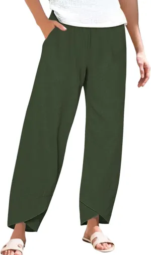 Miyaomn Linen Pants for Women Casual Summer Elastic Waist Capri Pants Solid Color Loose Wide Leg Cropped Trousers with Pocket