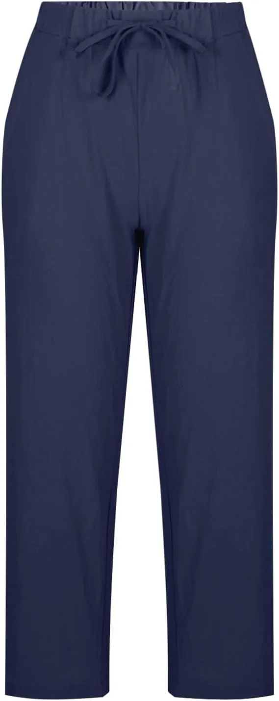 Mzkdieey Cotton Linen Capri Pants for Women Summer Casual Plain Drawstring Elastic Waist Baggy Cropped Trousers with Pockets