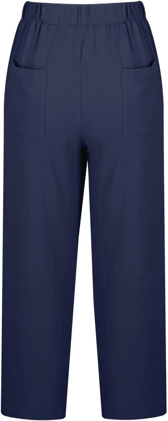 Mzkdieey Cotton Linen Capri Pants for Women Summer Casual Plain Drawstring Elastic Waist Baggy Cropped Trousers with Pockets
