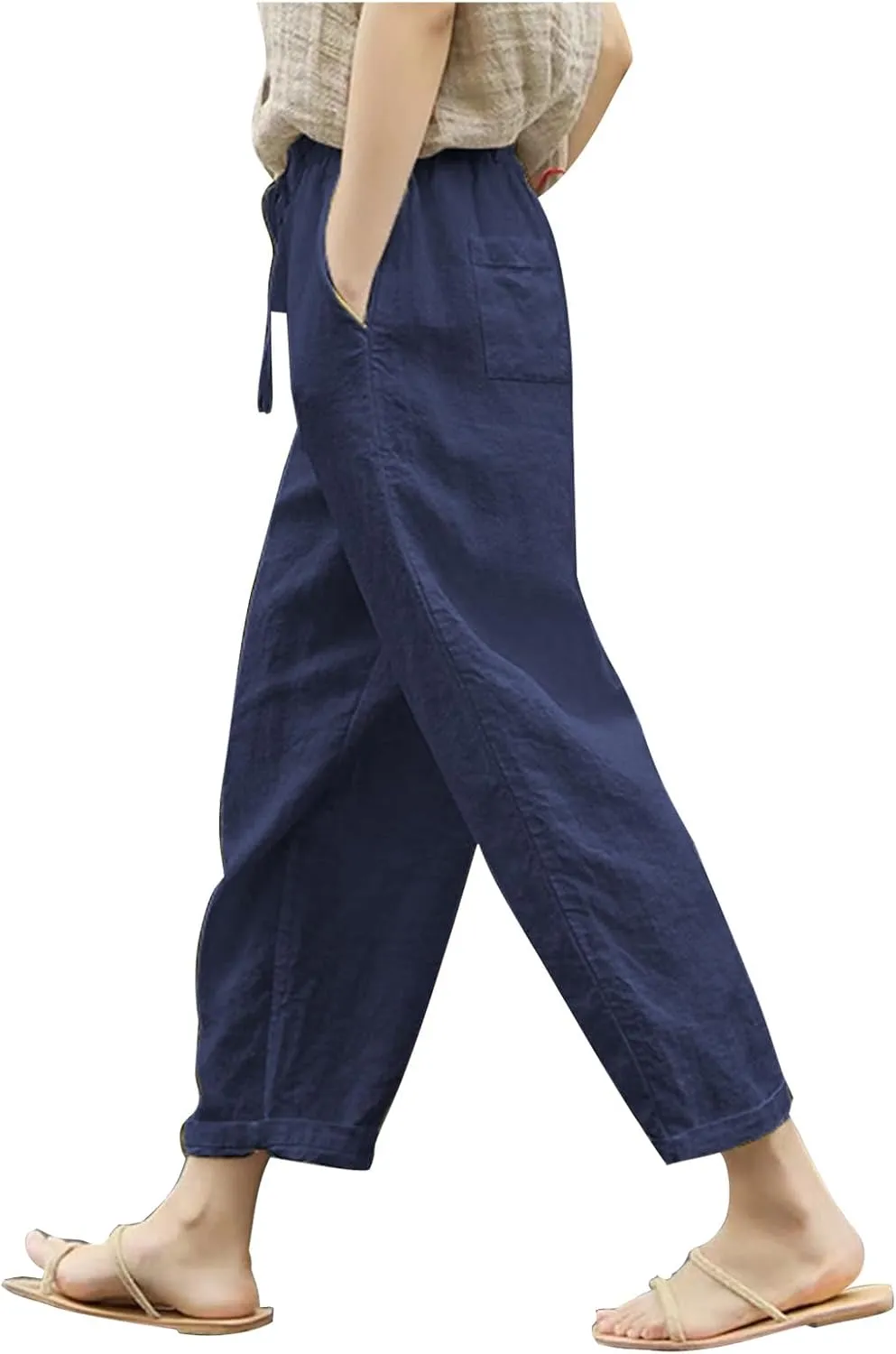 Mzkdieey Cotton Linen Capri Pants for Women Summer Casual Plain Drawstring Elastic Waist Baggy Cropped Trousers with Pockets