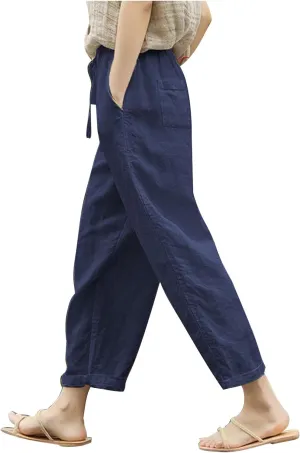 Mzkdieey Cotton Linen Capri Pants for Women Summer Casual Plain Drawstring Elastic Waist Baggy Cropped Trousers with Pockets