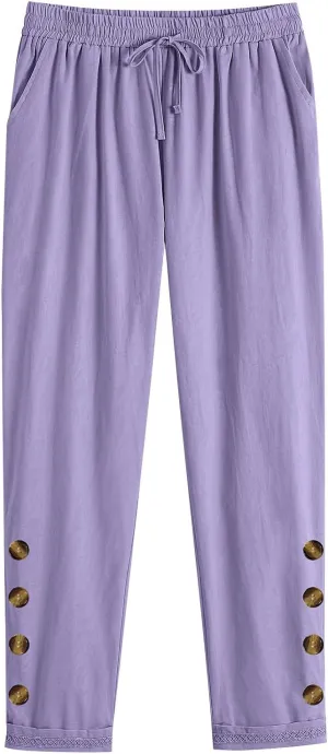 Mzkdieey Womens Casual Cotton Linen Pants Lightweight Summer Elastic Waist Solid Lounge Trouser Baggy Long Pants with Pockets