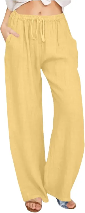 Mzkdieey Women's Summer Drawstring Waist Wide Leg Loose Cotton Linen Palazzo Pants Casual Lounge Yoga Trousers with Pockets