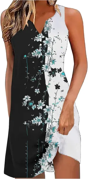 NaRHbrg Women's Boho Print Sleeveless Dress V Neck Casual Loose Fit Summer Beach Sundress Lightweight Dresses