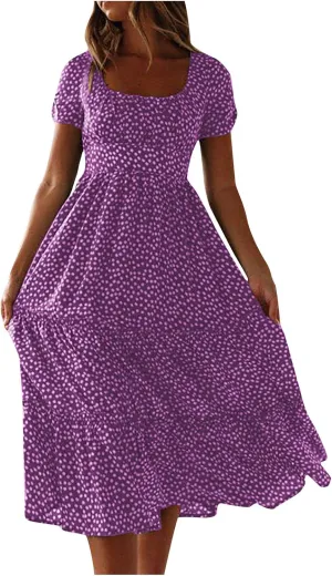 NaRHbrg Women's Polka Dot Maxi Dress Square Neck Short Sleeve A-Line Boho Flowy Summer Dress for Beach Vacation