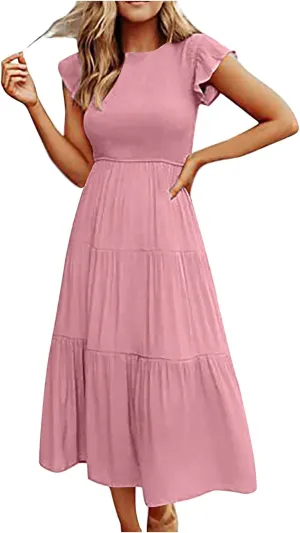 NaRHbrg Women's Summer Boho Maxi Dress Short Sleeve Flowy Tiered Ruffle Casual Beach Dresses Sundress for Vacation