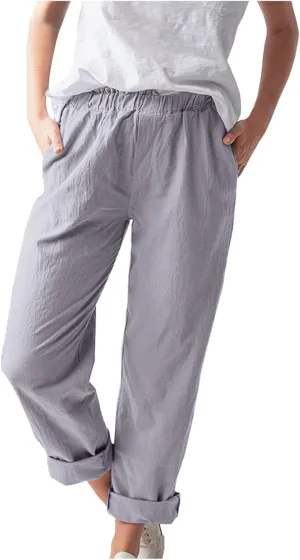 niuwa Cotton Linen Trousers for Women Elastic Waist Solid Color Casual Pants with Pockets Summer Boho Pants (Gray, M)