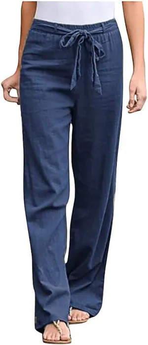 niuwa Women Cotton Linen Trousers Summer Solid Color Wide Leg Pants Elastic Waist Loose Lounge Pants Sweatpants (Blue, XXL)
