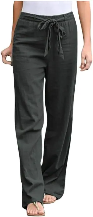 niuwa Women Cotton Linen Trousers Summer Solid Color Wide Leg Pants Elastic Waist Loose Lounge Pants Sweatpants (Gray, S)
