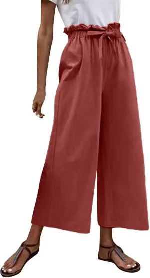 niuwa Womens Summer Cotton Linen Casual Long Pant High Waist Loose Fit Casual Trousers Comfy Pants (Wine, M)