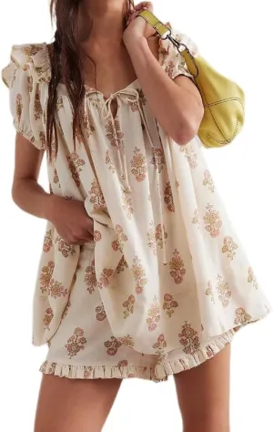 NUFIWI Women Floral Babydoll Tops 2 Piece Lounge Sets Square Neck Puffy Short Sleeves Peplum Shirt and Shorts Pajams Suits