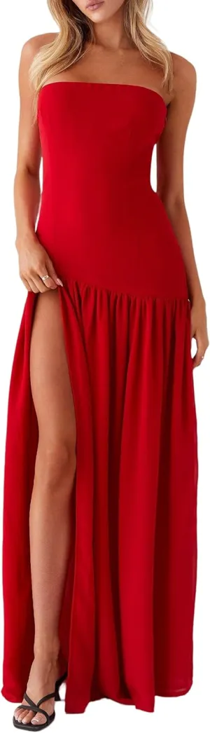 NUFIWI Women Y2k Strapless Maxi Dress Drop Waist Tube Top Dresses High Slit Off Shoulder Sleeveless Flowy Long Dress