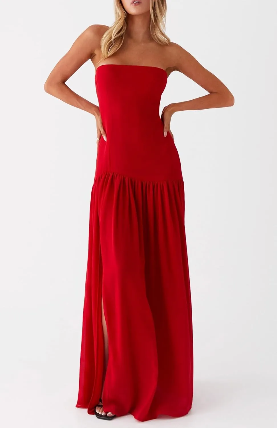 NUFIWI Women Y2k Strapless Maxi Dress Drop Waist Tube Top Dresses High Slit Off Shoulder Sleeveless Flowy Long Dress