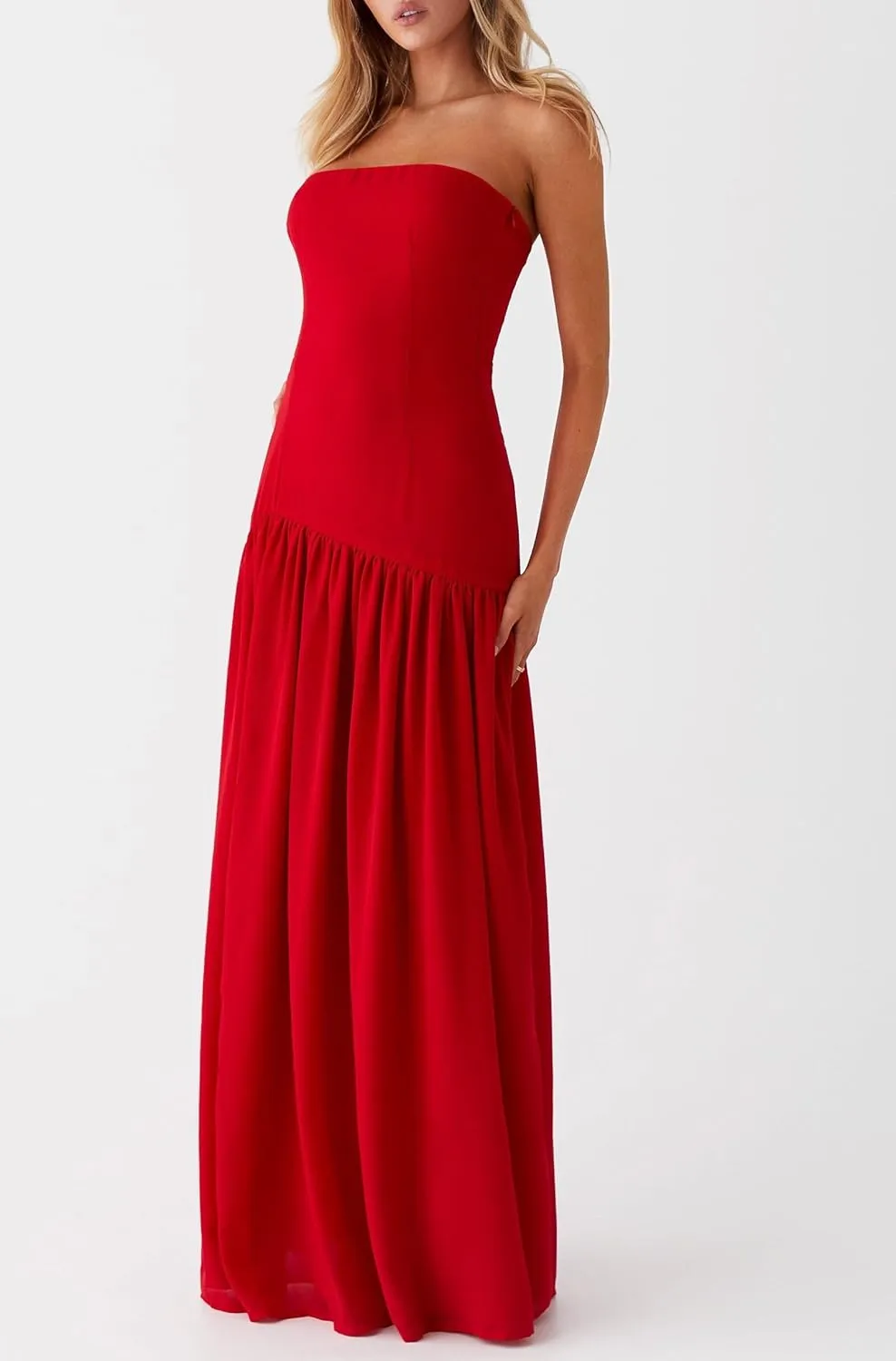 NUFIWI Women Y2k Strapless Maxi Dress Drop Waist Tube Top Dresses High Slit Off Shoulder Sleeveless Flowy Long Dress