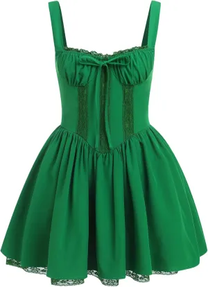 OBEEII Womens Corset Mini Dress Sexy Sleeveless Backless Low Cut Lace Short Dress Ruffle Summer Sundress
