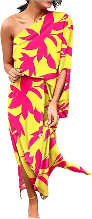 One Shoulder Dresses for Women,2024 Spring Summer Casual Batwing Sleeve Cocktail Dress,Vintage Graphic Party Dress
