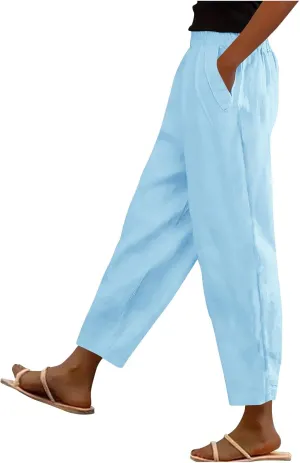Oplxuo Cotton Linen Pants for Women Summer High Elastic Waist Straight Wide Leg Boho Beach Trousers with Pockets