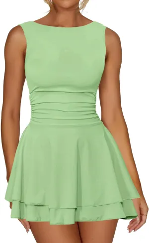 oten Women's Sleeveless Ruched Waist Tiered Flowy Ruffle Hem Mini Party Club Short Dresses