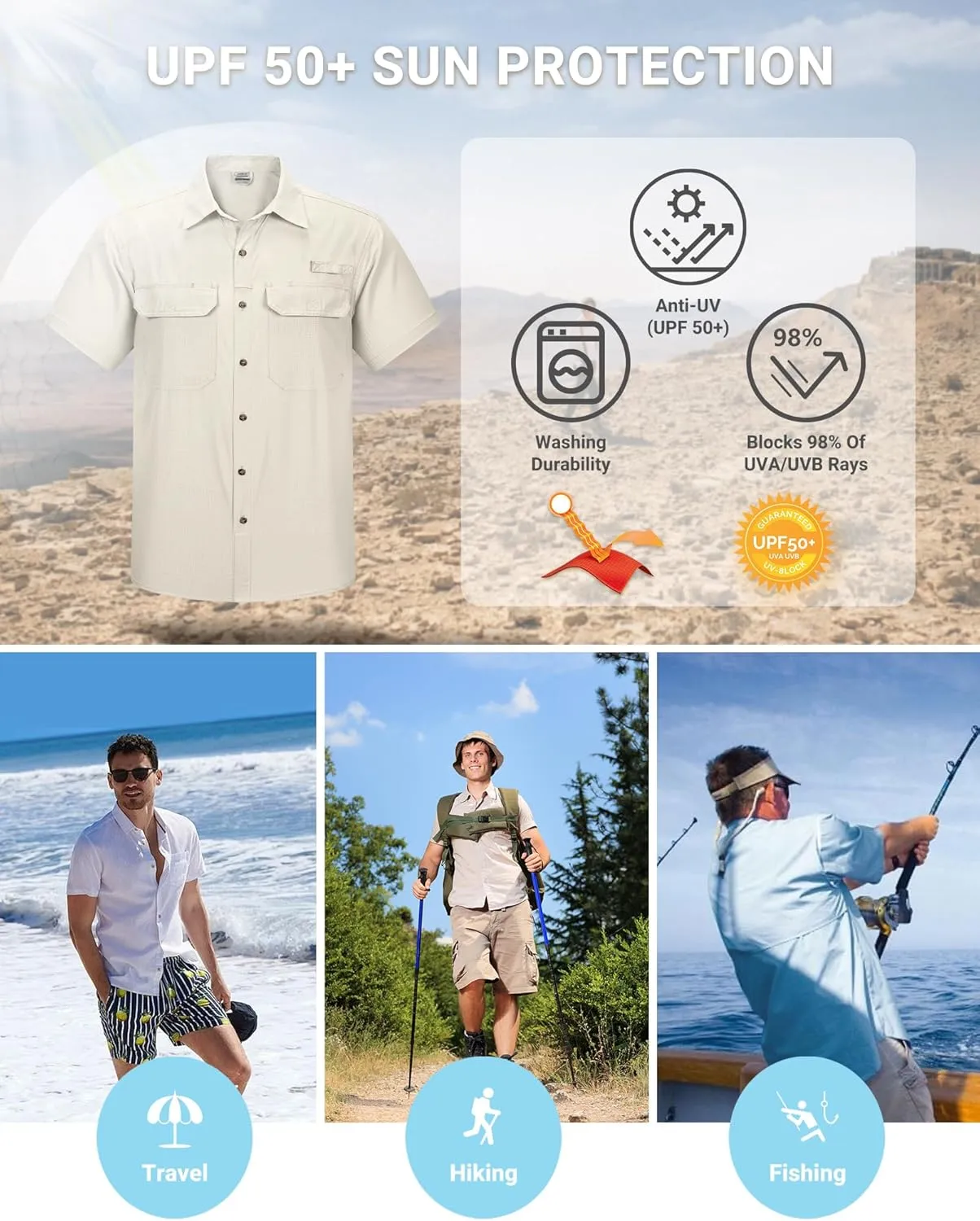 Outdoor Ventures Men's Lightweight Short Sleeve Fishing Shirt UPF 50 Button Down Quick Dry Cooling Hiking Travel Safari Shirt