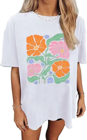 Oversized Graphic T-Shirt for Women Vintage Floral Shirt Rock Band Music Guitar Tee Casual Holiday Cute Plant Tops