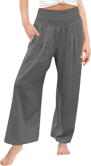 Palazzo Pants for Girls Summer Casual Linen Smocked High Waist Wide Leg Trousers Travel Vacation Pant with Pockets