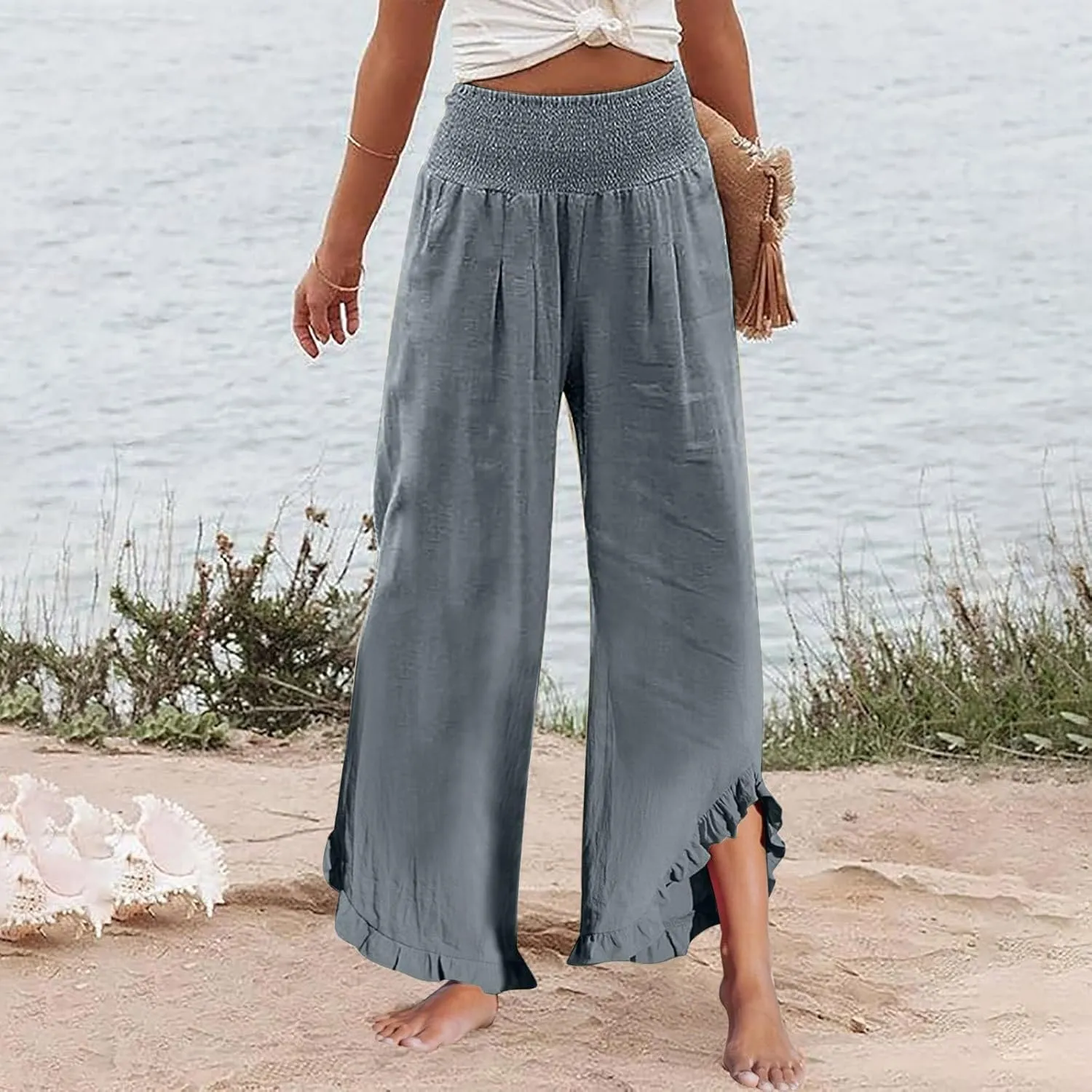 Palazzo Pants for Women Linen Elastic Waist Summer Wide Leg Pants with Pockets Smocked Loose Casual Vacation Outfits