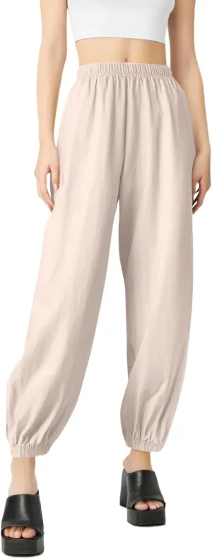 Parachute Pants for Women, Womens Wide Leg Pants Linen Dressy Trousers Straight Leg Summer High Waisted Lounge