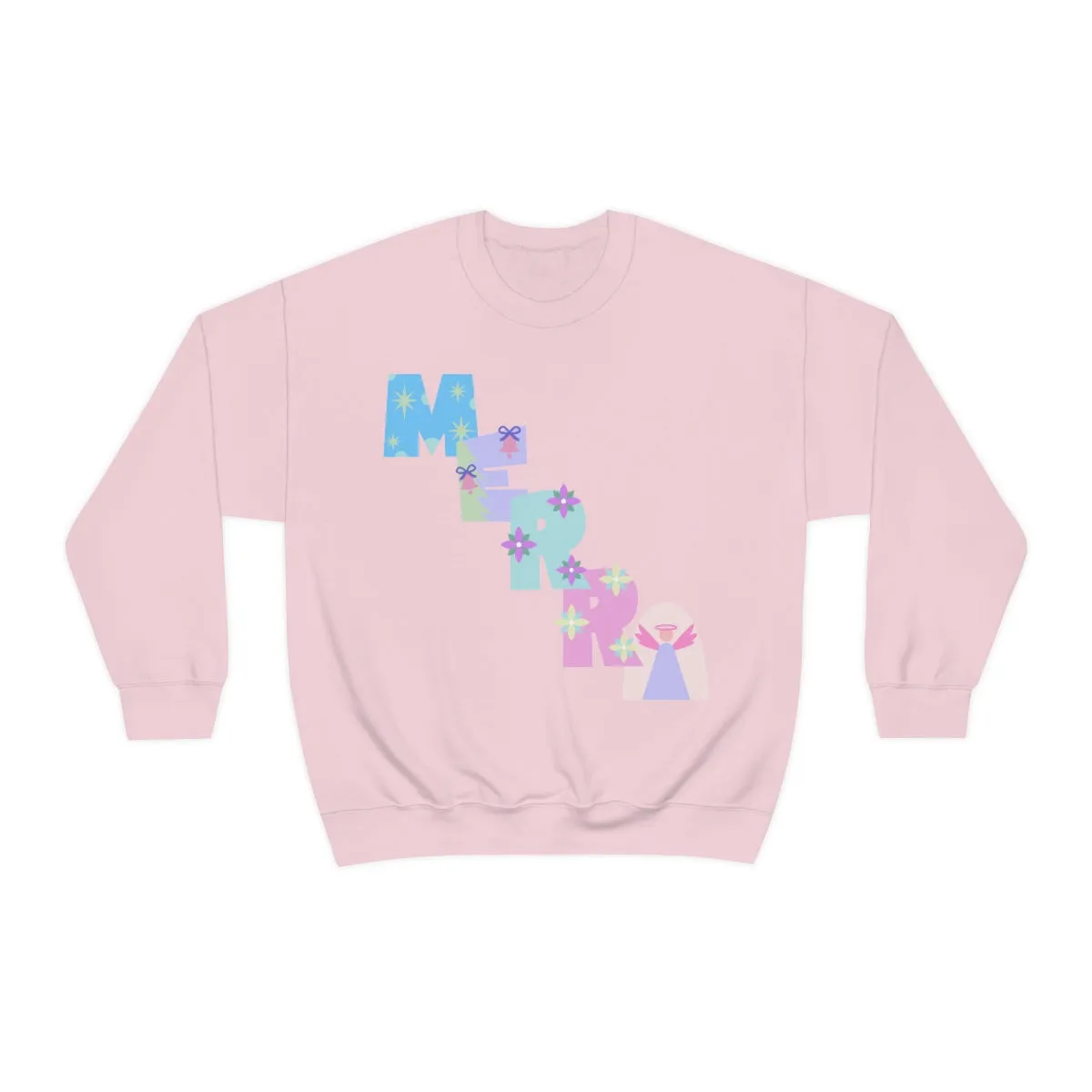 Pastel Christmas Sweatshirt, Holiday VSCO Girl Crewneck, Oversized Xmas Tumblr Sweater, Pastel Playful Letter Print Merry Trendy Sweatshirt