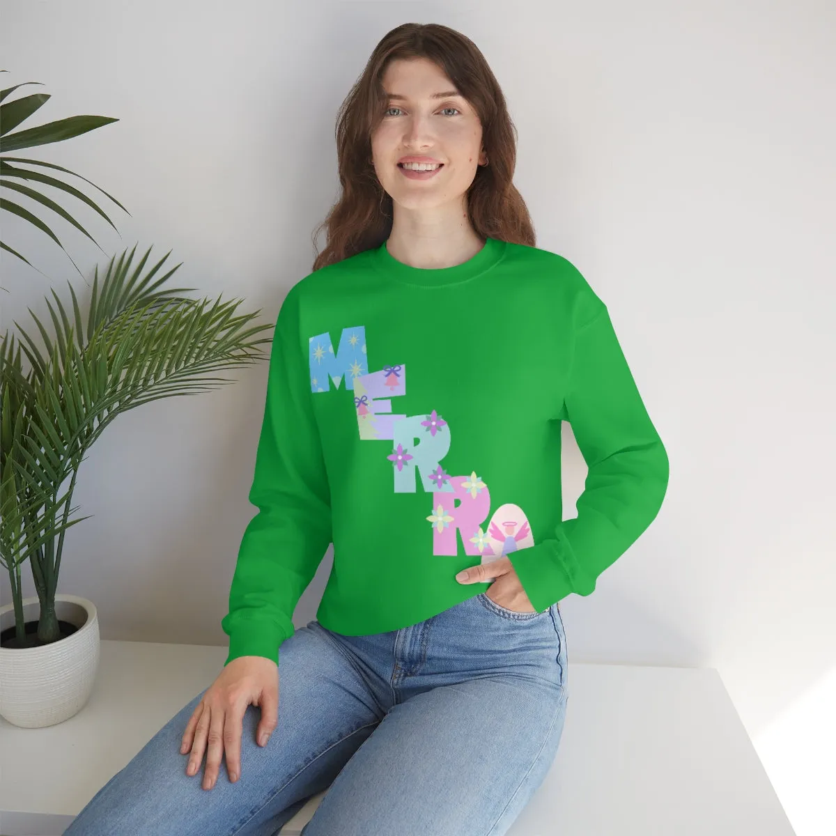 Pastel Christmas Sweatshirt, Holiday VSCO Girl Crewneck, Oversized Xmas Tumblr Sweater, Pastel Playful Letter Print Merry Trendy Sweatshirt