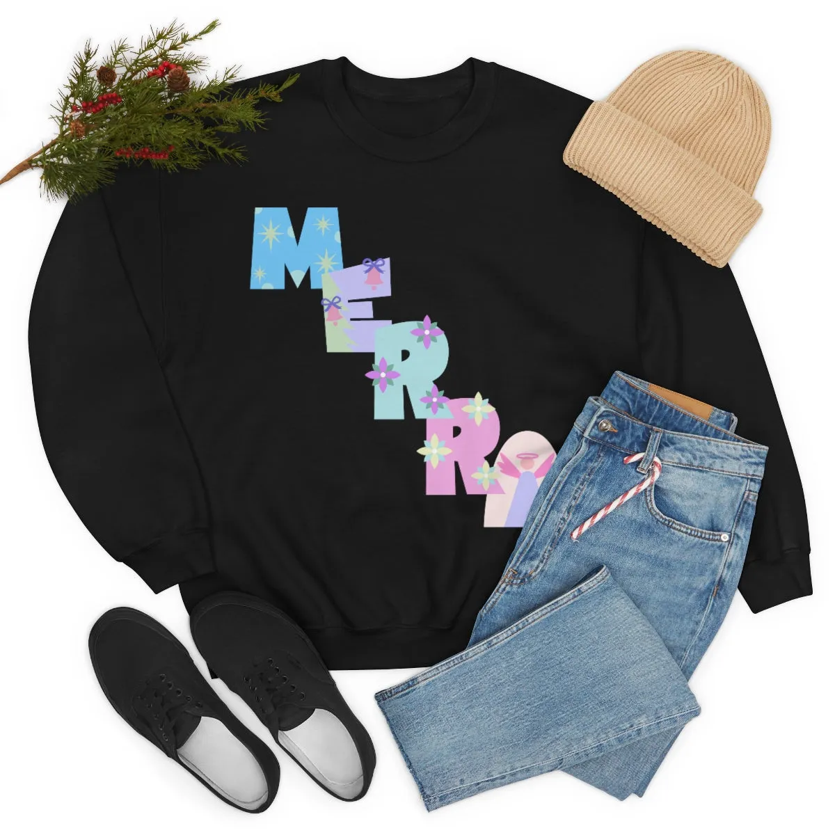 Pastel Christmas Sweatshirt, Holiday VSCO Girl Crewneck, Oversized Xmas Tumblr Sweater, Pastel Playful Letter Print Merry Trendy Sweatshirt