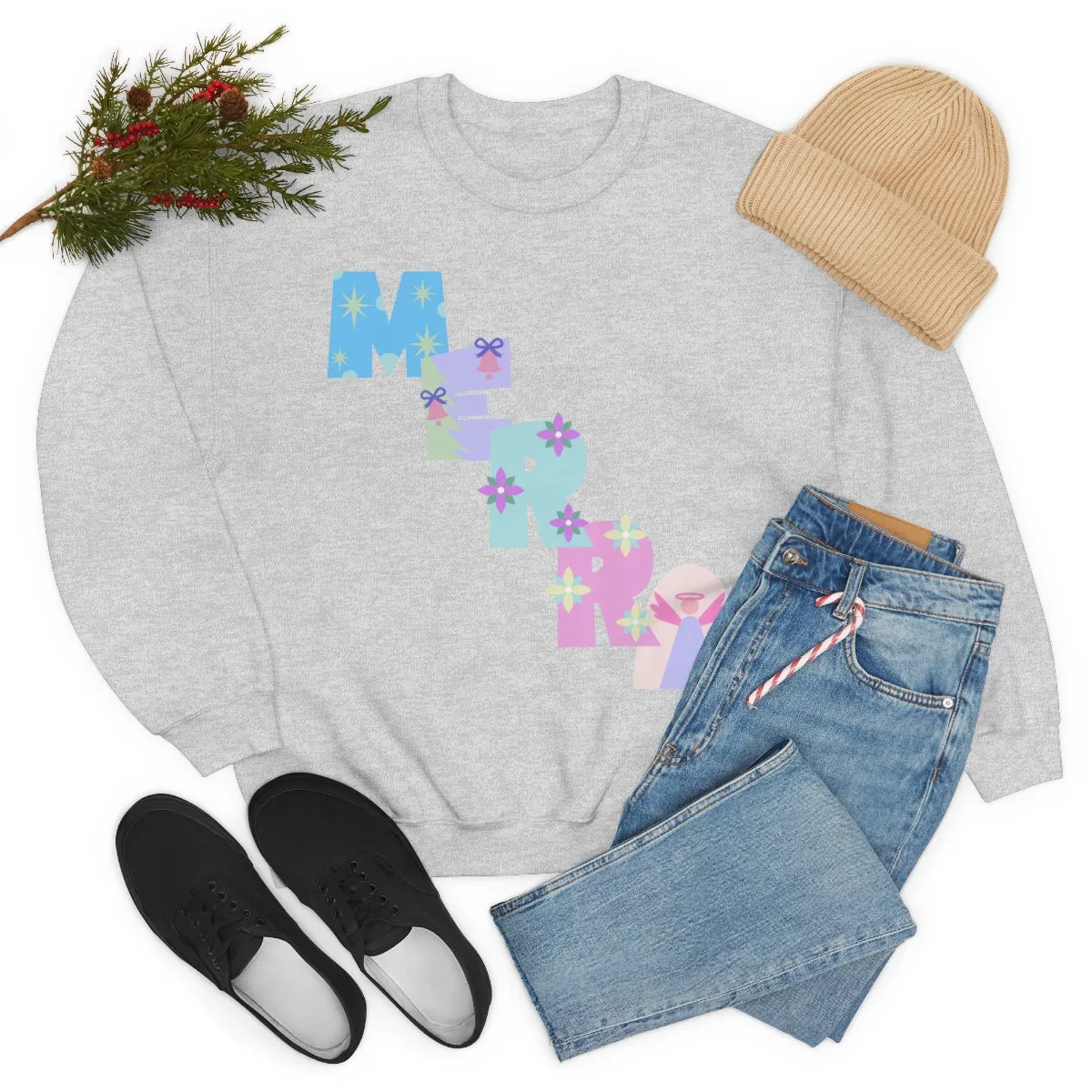 Pastel Christmas Sweatshirt, Holiday VSCO Girl Crewneck, Oversized Xmas Tumblr Sweater, Pastel Playful Letter Print Merry Trendy Sweatshirt