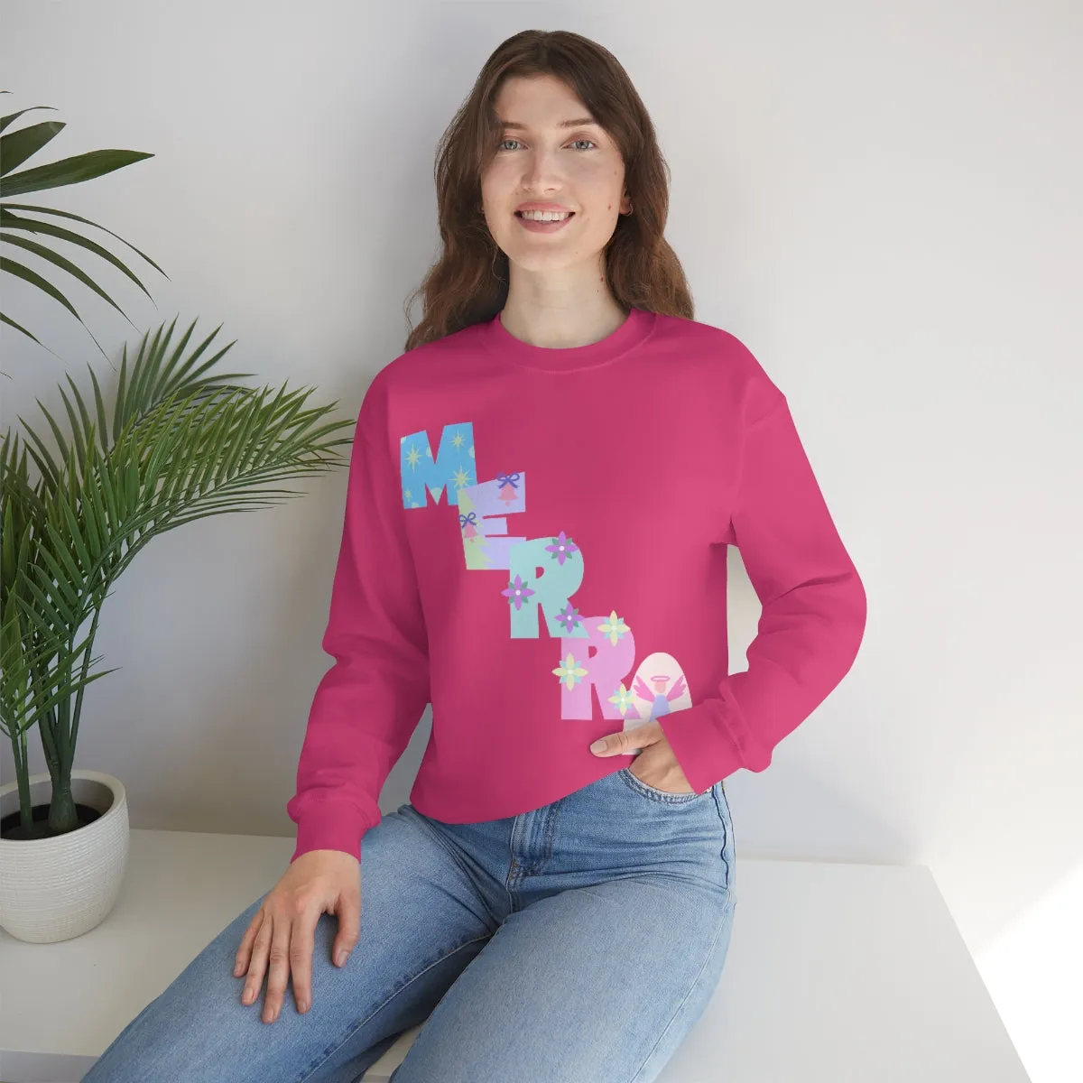 Pastel Christmas Sweatshirt, Holiday VSCO Girl Crewneck, Oversized Xmas Tumblr Sweater, Pastel Playful Letter Print Merry Trendy Sweatshirt