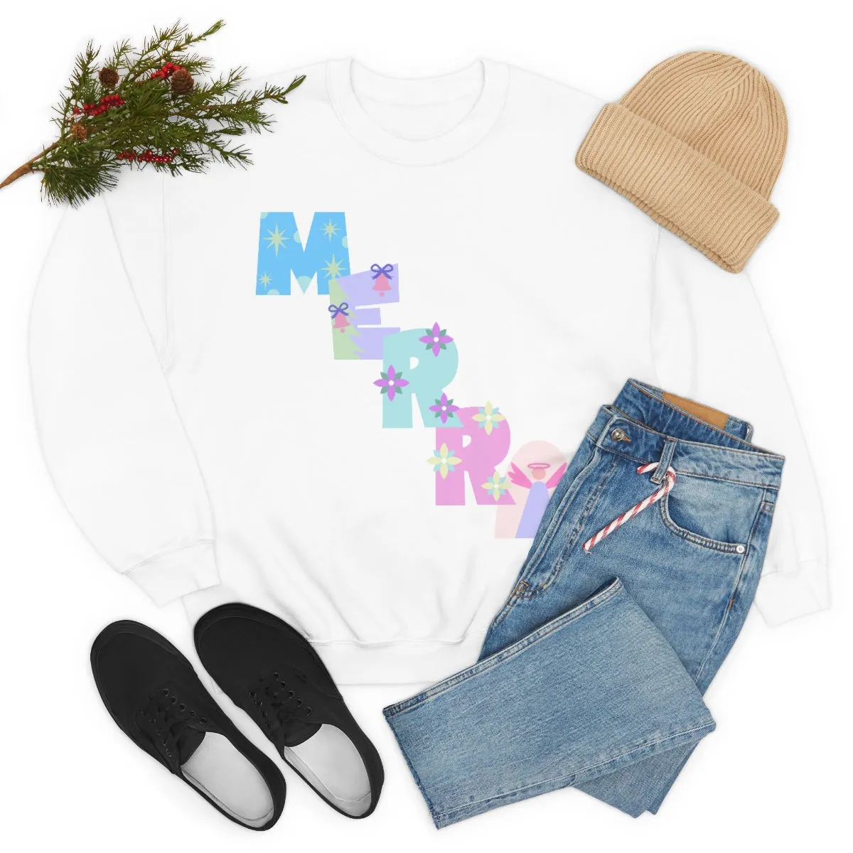 Pastel Christmas Sweatshirt, Holiday VSCO Girl Crewneck, Oversized Xmas Tumblr Sweater, Pastel Playful Letter Print Merry Trendy Sweatshirt