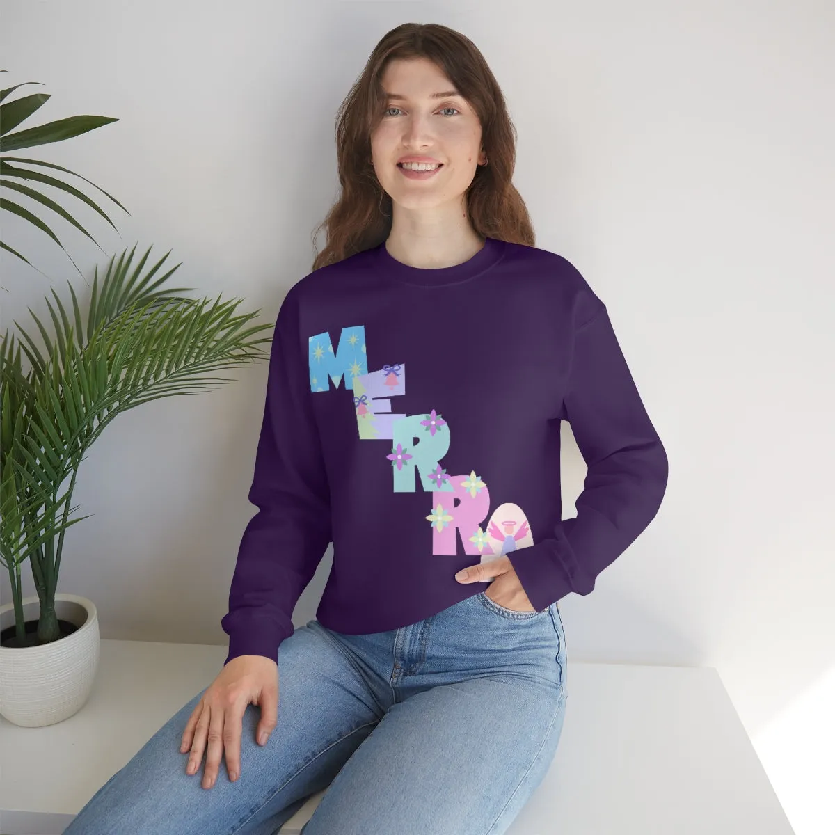 Pastel Christmas Sweatshirt, Holiday VSCO Girl Crewneck, Oversized Xmas Tumblr Sweater, Pastel Playful Letter Print Merry Trendy Sweatshirt
