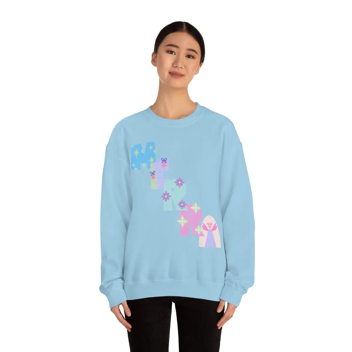 Pastel Christmas Sweatshirt, Holiday VSCO Girl Crewneck, Oversized Xmas Tumblr Sweater, Pastel Playful Letter Print Merry Trendy Sweatshirt