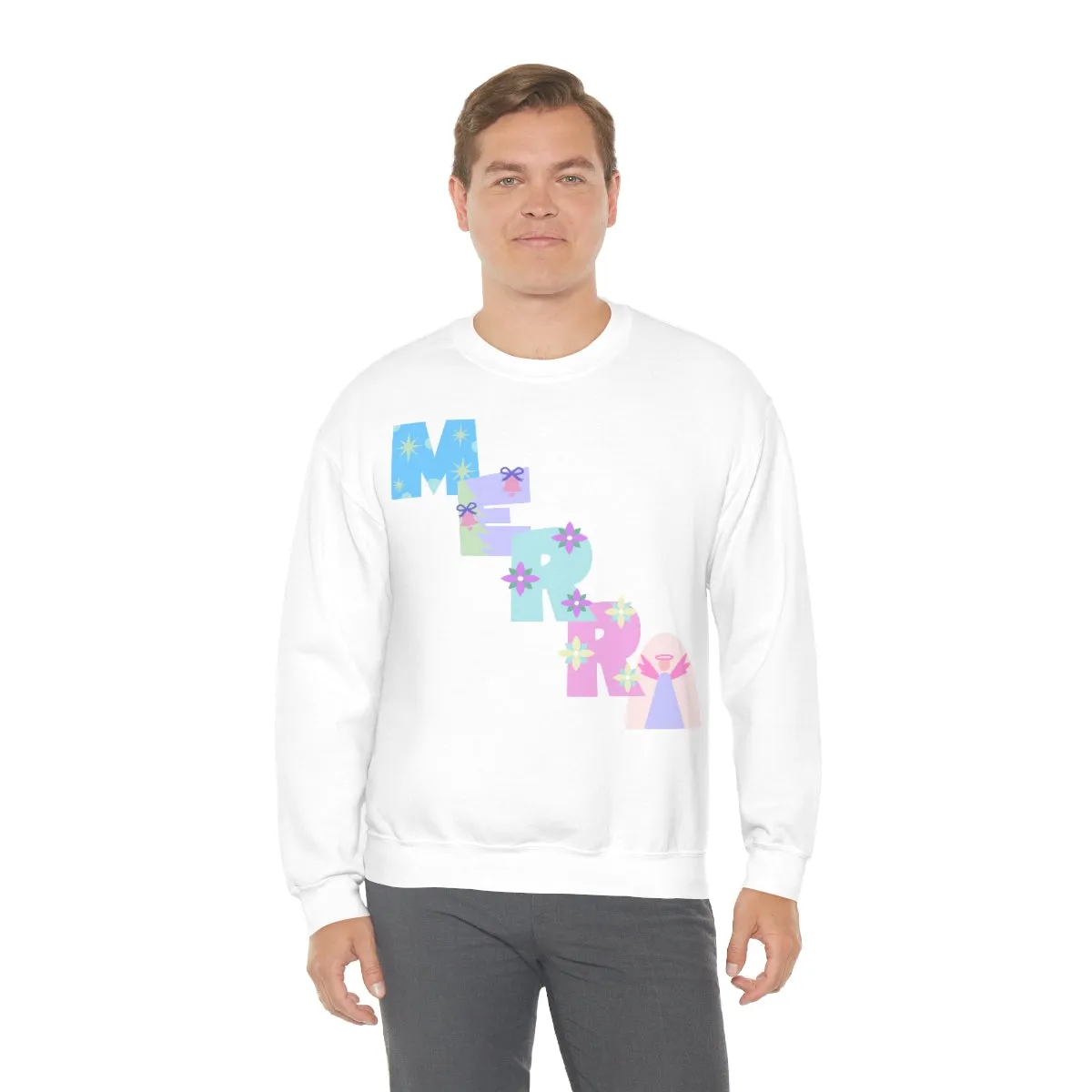 Pastel Christmas Sweatshirt, Holiday VSCO Girl Crewneck, Oversized Xmas Tumblr Sweater, Pastel Playful Letter Print Merry Trendy Sweatshirt
