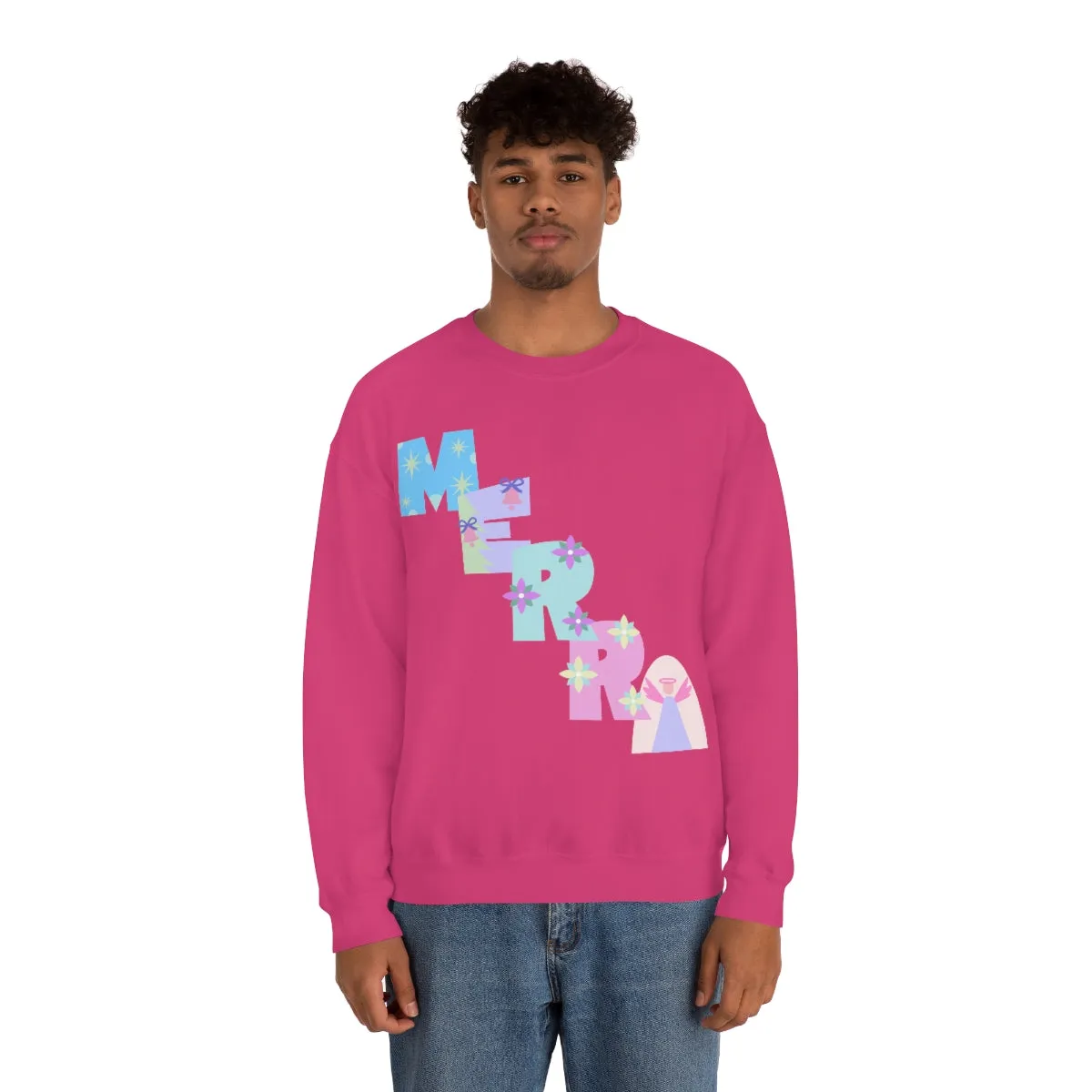 Pastel Christmas Sweatshirt, Holiday VSCO Girl Crewneck, Oversized Xmas Tumblr Sweater, Pastel Playful Letter Print Merry Trendy Sweatshirt
