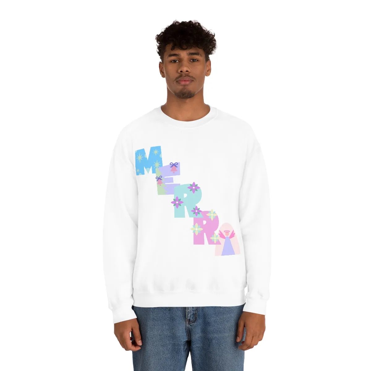 Pastel Christmas Sweatshirt, Holiday VSCO Girl Crewneck, Oversized Xmas Tumblr Sweater, Pastel Playful Letter Print Merry Trendy Sweatshirt