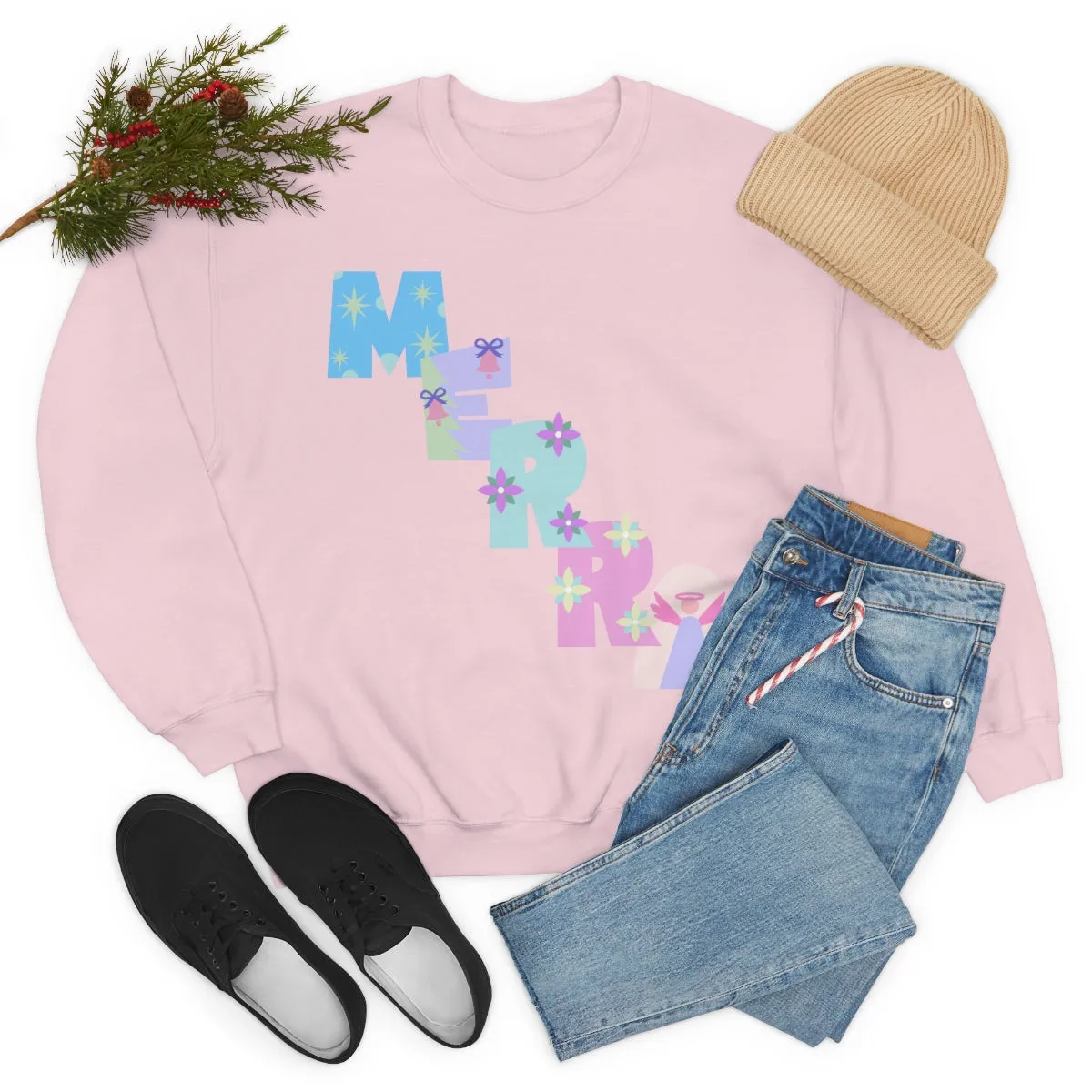 Pastel Christmas Sweatshirt, Holiday VSCO Girl Crewneck, Oversized Xmas Tumblr Sweater, Pastel Playful Letter Print Merry Trendy Sweatshirt