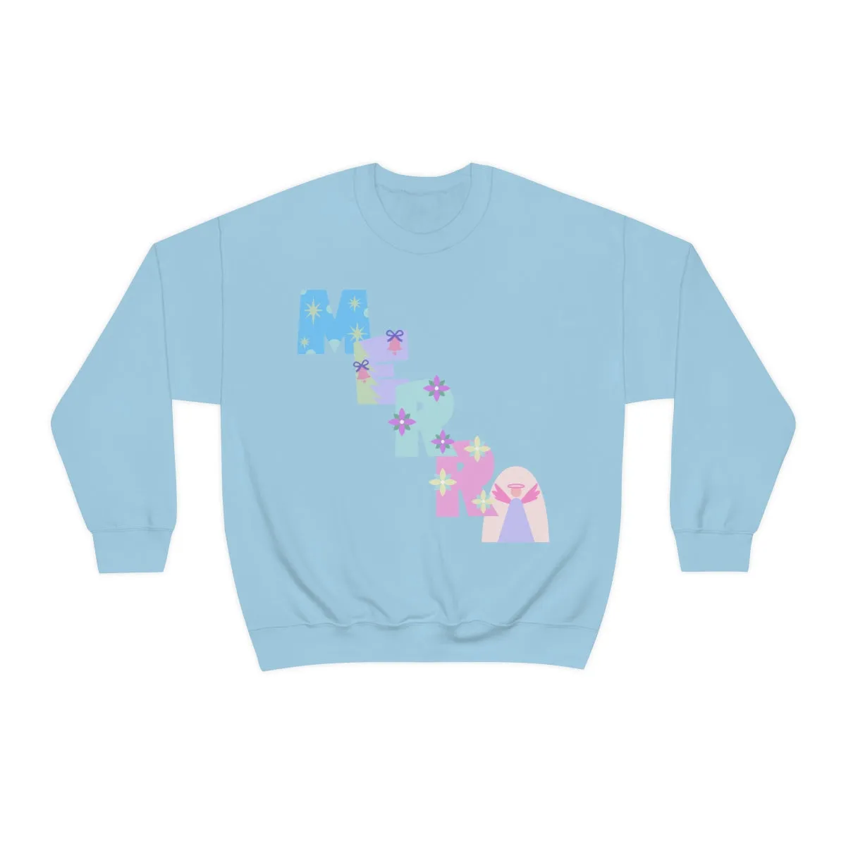 Pastel Christmas Sweatshirt, Holiday VSCO Girl Crewneck, Oversized Xmas Tumblr Sweater, Pastel Playful Letter Print Merry Trendy Sweatshirt
