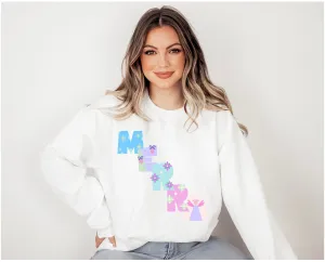 Pastel Christmas Sweatshirt, Holiday VSCO Girl Crewneck, Oversized Xmas Tumblr Sweater, Pastel Playful Letter Print Merry Trendy Sweatshirt