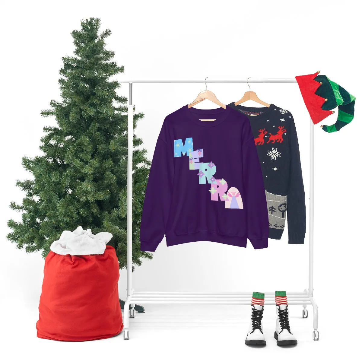 Pastel Christmas Sweatshirt, Holiday VSCO Girl Crewneck, Oversized Xmas Tumblr Sweater, Pastel Playful Letter Print Merry Trendy Sweatshirt