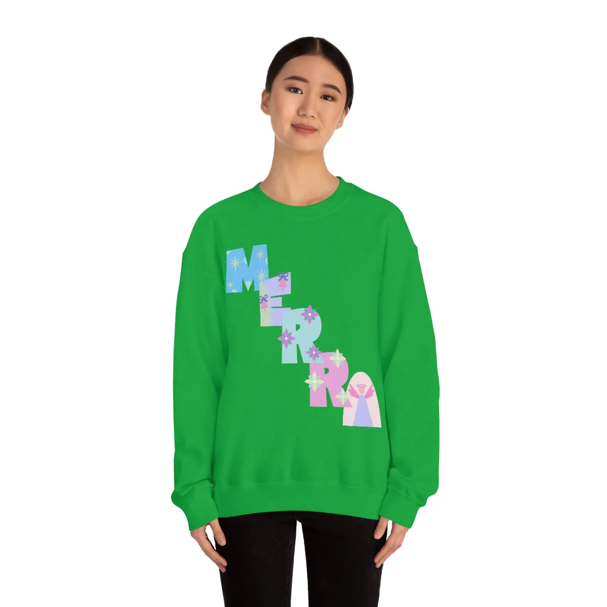 Pastel Christmas Sweatshirt, Holiday VSCO Girl Crewneck, Oversized Xmas Tumblr Sweater, Pastel Playful Letter Print Merry Trendy Sweatshirt