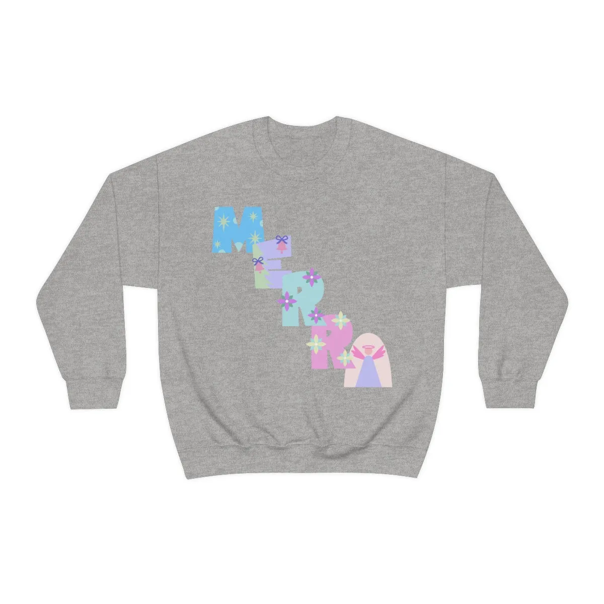 Pastel Christmas Sweatshirt, Holiday VSCO Girl Crewneck, Oversized Xmas Tumblr Sweater, Pastel Playful Letter Print Merry Trendy Sweatshirt