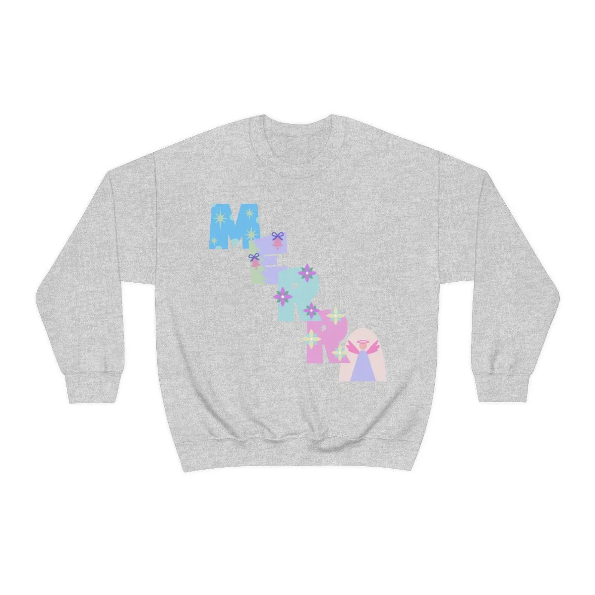 Pastel Christmas Sweatshirt, Holiday VSCO Girl Crewneck, Oversized Xmas Tumblr Sweater, Pastel Playful Letter Print Merry Trendy Sweatshirt