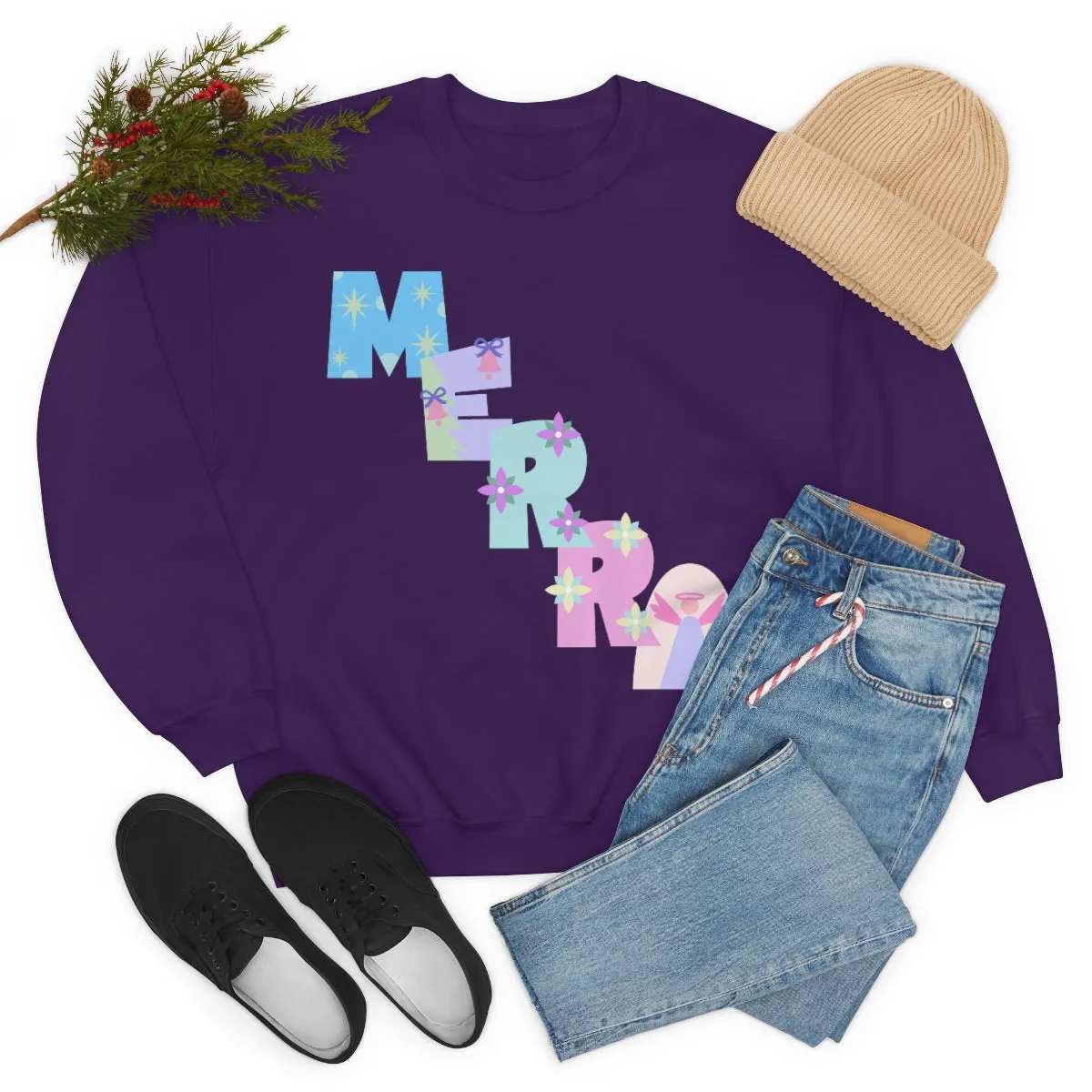 Pastel Christmas Sweatshirt, Holiday VSCO Girl Crewneck, Oversized Xmas Tumblr Sweater, Pastel Playful Letter Print Merry Trendy Sweatshirt