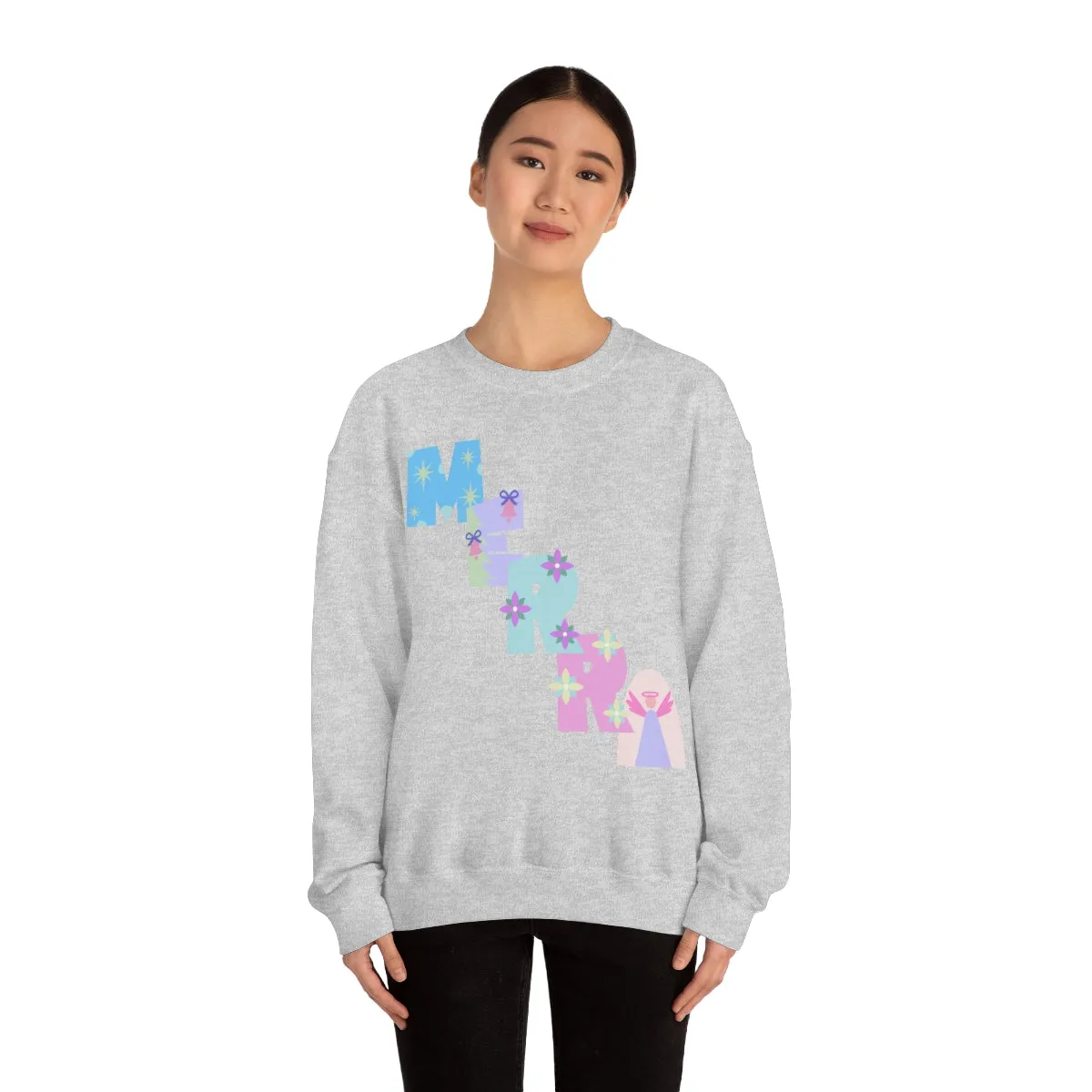 Pastel Christmas Sweatshirt, Holiday VSCO Girl Crewneck, Oversized Xmas Tumblr Sweater, Pastel Playful Letter Print Merry Trendy Sweatshirt