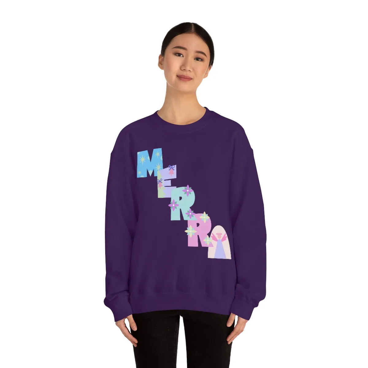 Pastel Christmas Sweatshirt, Holiday VSCO Girl Crewneck, Oversized Xmas Tumblr Sweater, Pastel Playful Letter Print Merry Trendy Sweatshirt