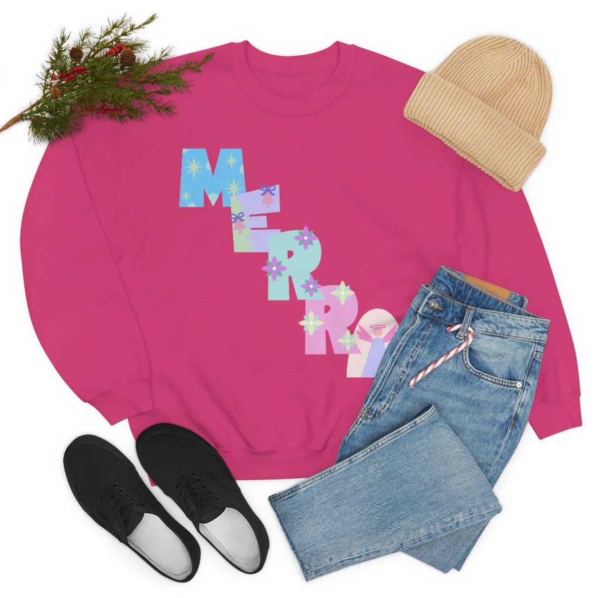 Pastel Christmas Sweatshirt, Holiday VSCO Girl Crewneck, Oversized Xmas Tumblr Sweater, Pastel Playful Letter Print Merry Trendy Sweatshirt